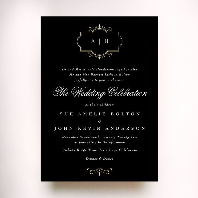 Invitation En Aluminium noir blanc classique or crête mariage monogramme (Créateur téléchargé)