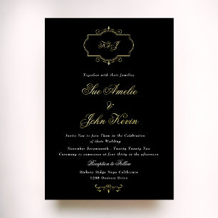 Invitation En Aluminium noir blanc classique vrai or monogramme mariage