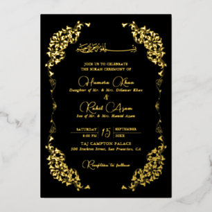 Invitation En Aluminium Noir doré artistique floral paisley mariage musulm
