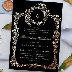 Invitation En Aluminium Noir élégant   Rose monogramme Mariage Gold Crest