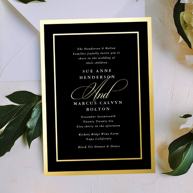 Invitation En Aluminium Noir et blanc Calligraphie officielle Mariage Or (Créateur téléchargé)