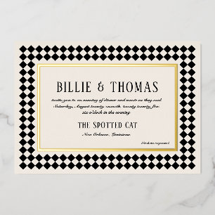 Invitation En Aluminium Noir et Or sur Damier Ivoire Bordure Jazz