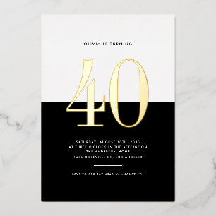 Invitation En Aluminium Noir moderne et blanc 40e anniversaire Gold Foil