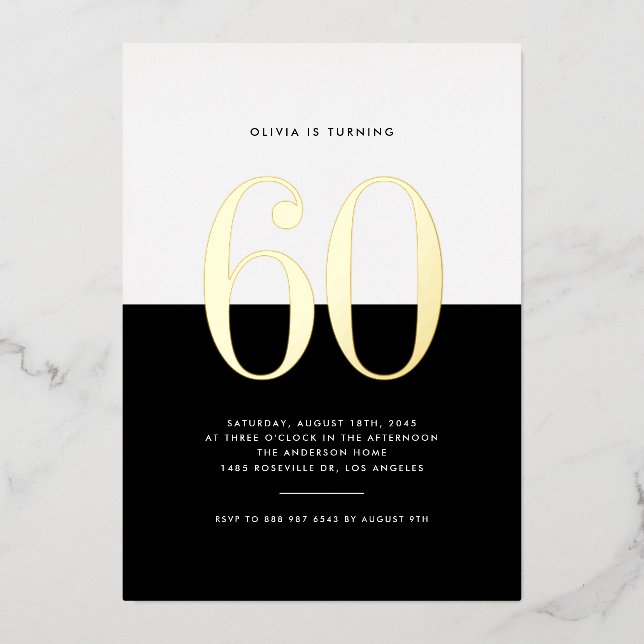 Invitation En Aluminium Noir moderne et blanc 60e anniversaire Gold Foil (Recto)