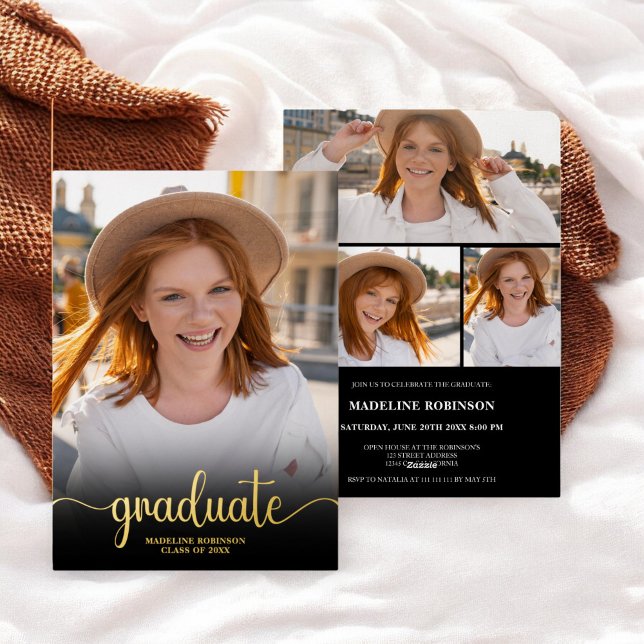Invitation En Aluminium Noir moderne minimum 4 Script photo Graduation (Modern Black minimal 4 Photo script Graduation Foil Invitation)