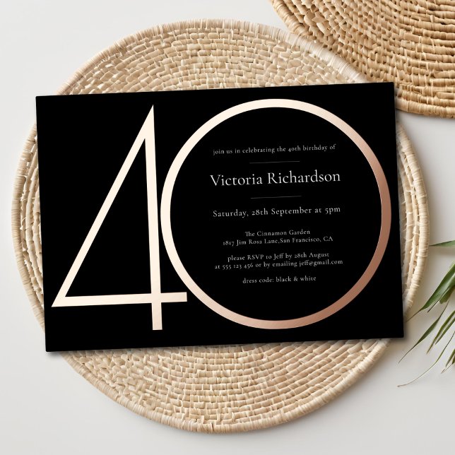 Invitation En Aluminium Noir moderne Rose or minimaliste 40e anniversaire (Modern Black Rose Gold Minimalist 40th Birthday Foil Invitation)