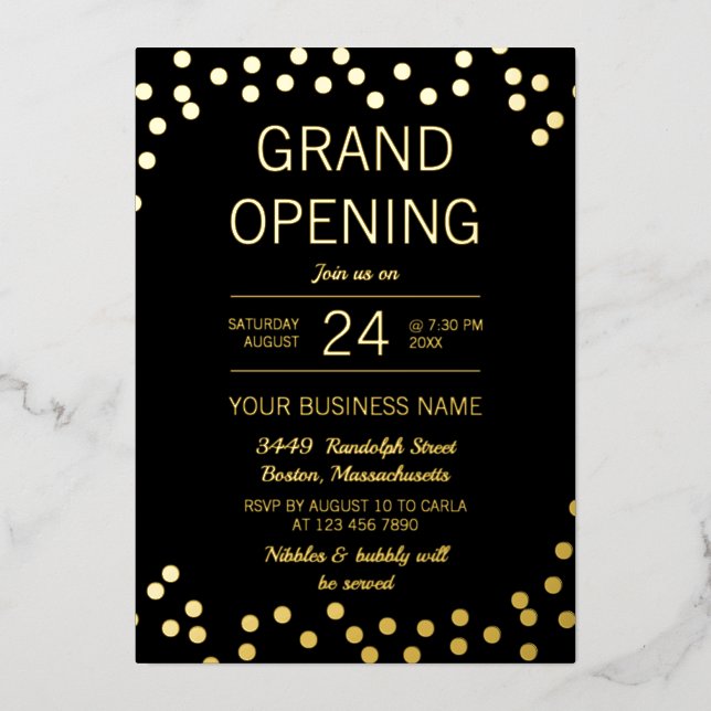 Invitation En Aluminium Noir & Or Confetti Business Grand Ouverture (Recto)