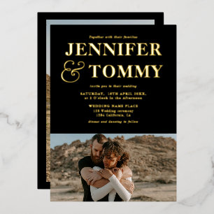 Invitation En Aluminium Noir or gras noms chic 2 photos mariage