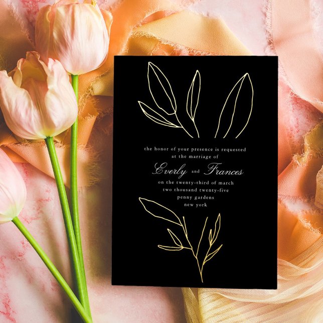 Invitation En Aluminium Noir Simple Botanique Pierre Mariage Or (Créateur téléchargé)