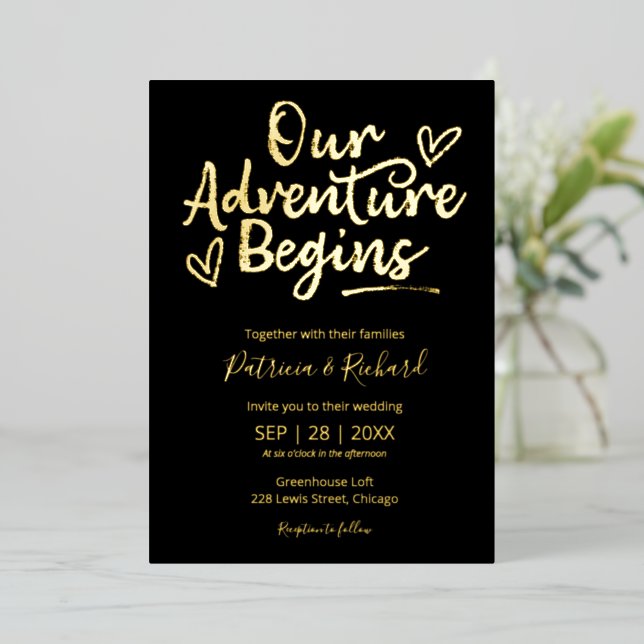 Invitation En Aluminium Notre aventure commence Rustic Chic Mariage (Debout devant)