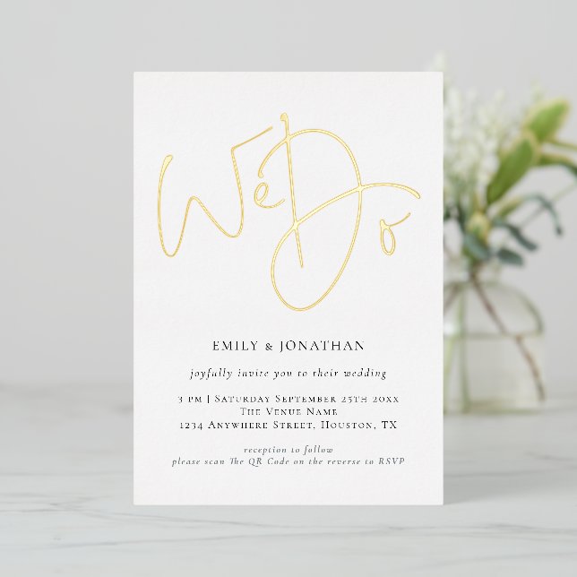 Invitation En Aluminium Nous faisons Script QR Code Real Gold Foil Mariage (Debout devant)