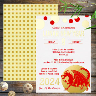 Invitation En Aluminium Nouvel An Lunaire 2024 Rouge Dragon Moderne Blanc