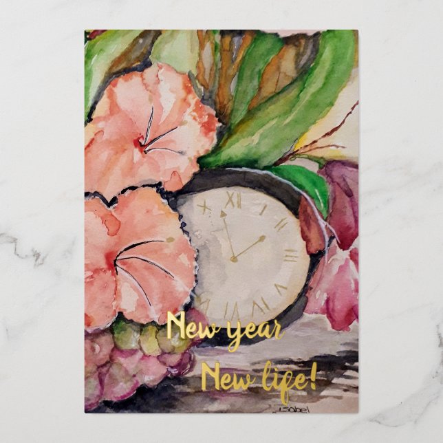 Invitation En Aluminium Nouvel an nouvelle vie aquarelle horloge raisins f (Recto)