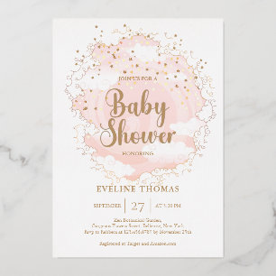 Invitation En Aluminium Nuage d'étoiles rose et or dans le baby shower du