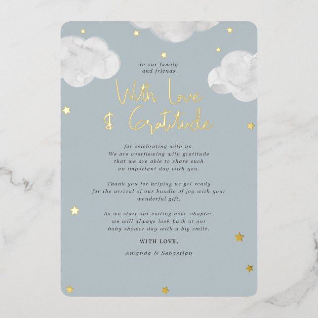 Invitation En Aluminium Nuages Baby shower gris bleu Merci plat (Recto)