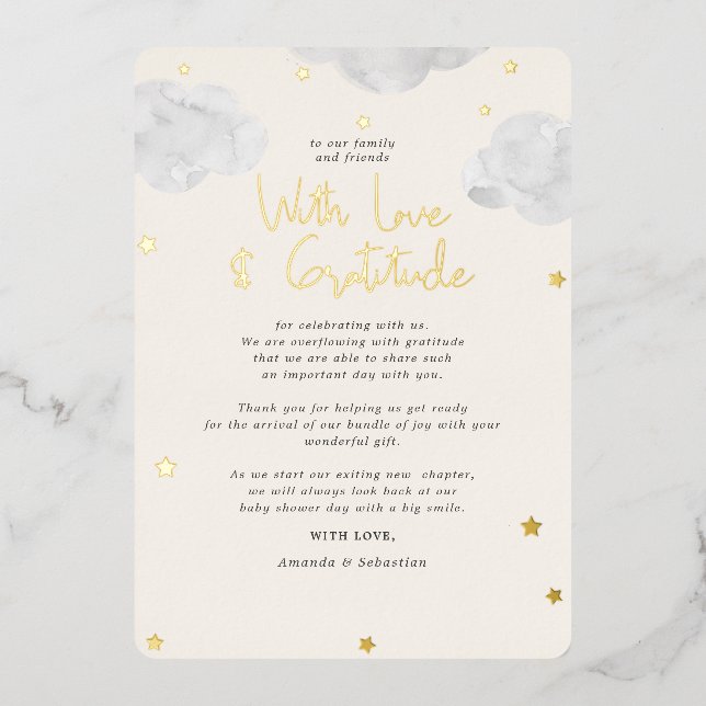 Invitation En Aluminium Nuages Baby shower neutre pour les femmes Merci pl (Recto)
