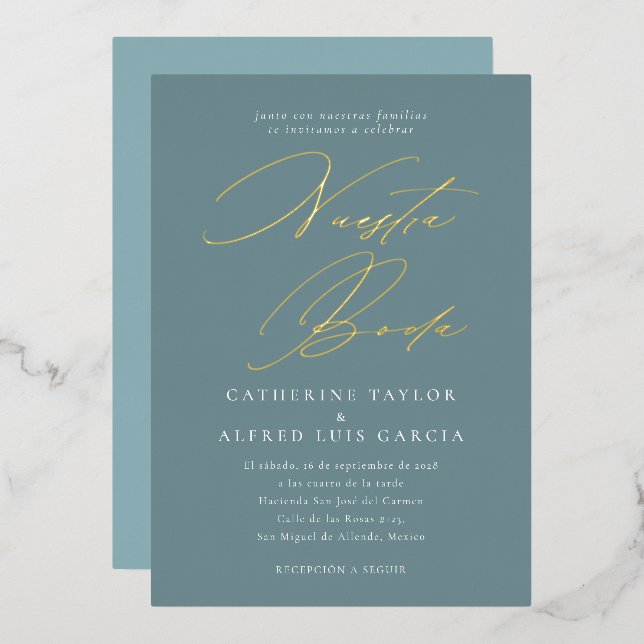 Invitation En Aluminium Nuestra Boda Espagnol Langue Bleu Script Mariage (Recto/Verso)
