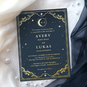 Invitation En Aluminium Nuit Céleste Croissant de Lune Bleu Mariage Or