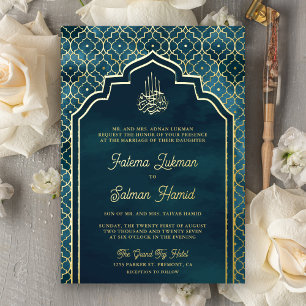 Invitation En Aluminium Océan Bleu Arc Marocain Musulman Mariage Or