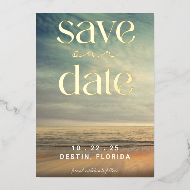Invitation En Aluminium Ocean Tropical Gold Foil Enregistrer La Date (Recto)
