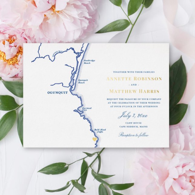 Invitation En Aluminium Ogunquit Maine Mariage Elegant Marine et Or (Créateur téléchargé)