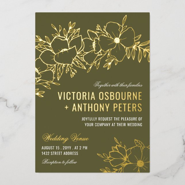 Invitation En Aluminium Olive Green & Gold Flowers Floral Mariage (Recto)