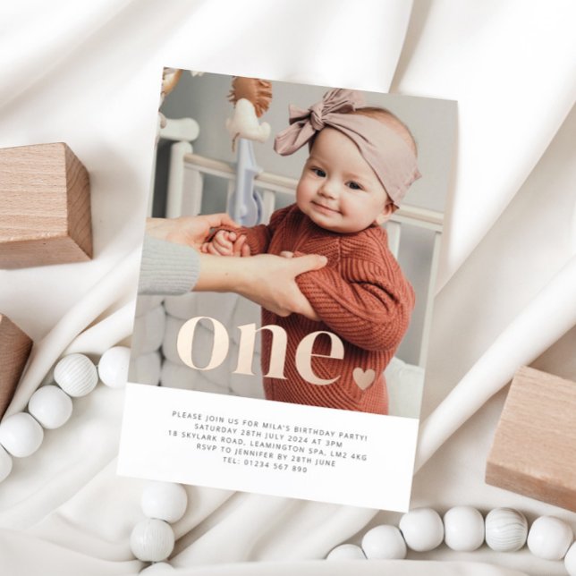 Invitation En Aluminium One Heart Photo First Birthday Rose Gold (Créateur téléchargé)