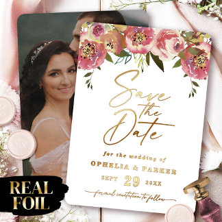 Invitation En Aluminium Ophelia Floral Photo Sauvez la date avec de l'or r