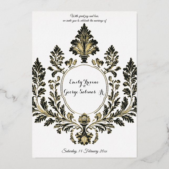 Invitation En Aluminium Opulent Motif Atelier, Noir et Or, (Recto)