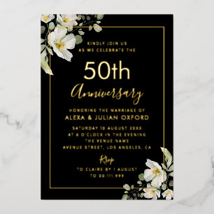 Invitation En Aluminium or 50e anniversaire à fleurs blanches