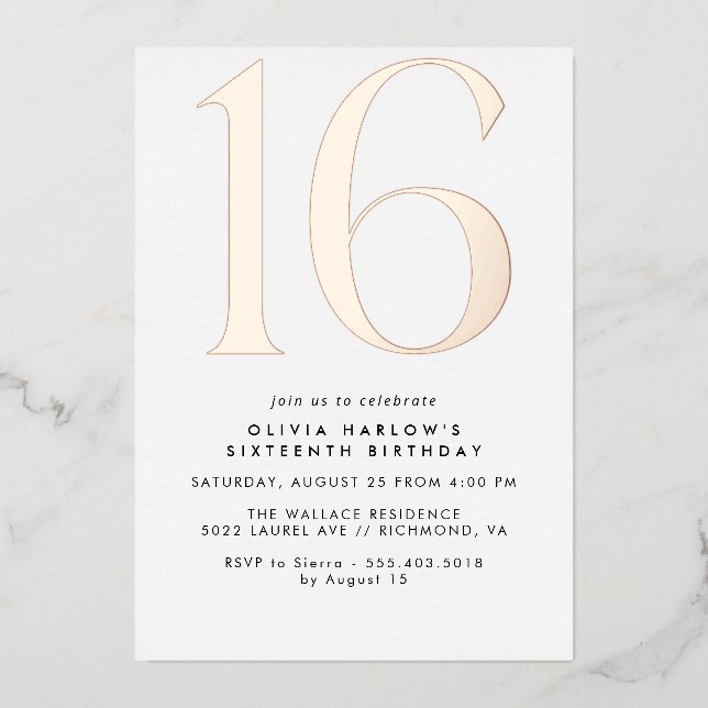 Invitation En Aluminium Or blanc et Rose | Mini moderne 16e anniversaire (Recto)