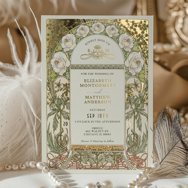Invitation En Aluminium Or Blanc Roses Vintage Mariage Art Nouveau (Créateur téléchargé)