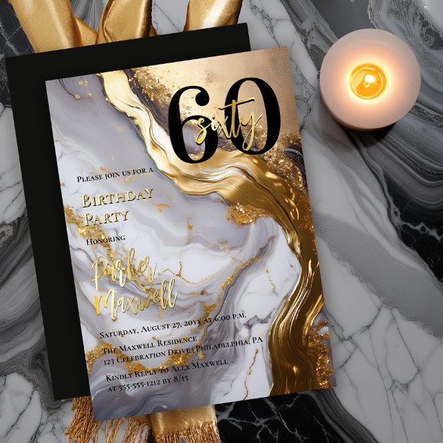 Invitation En Aluminium Or élégant | Marbre blanc Moderne 60 Anniversaire (Sleek Faux Gold and White Marble Modern "60" 60th Birthday Party Invitation - Gold Foil Text Accents)