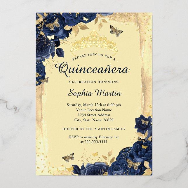 Invitation En Aluminium Or Elégant papillon floral Marine Quinceanera (Recto)