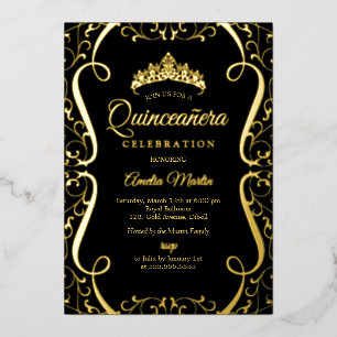 Invitation En Aluminium Or Élégant Tourbillon Noir Quinceanera