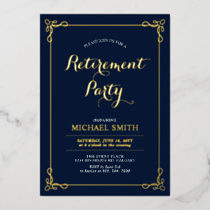 Invitation En Aluminium Or et marine   Elegant Classy Retirement Party