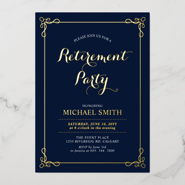 Invitation En Aluminium Or et marine | Elegant Classy Retirement Party (Recto)