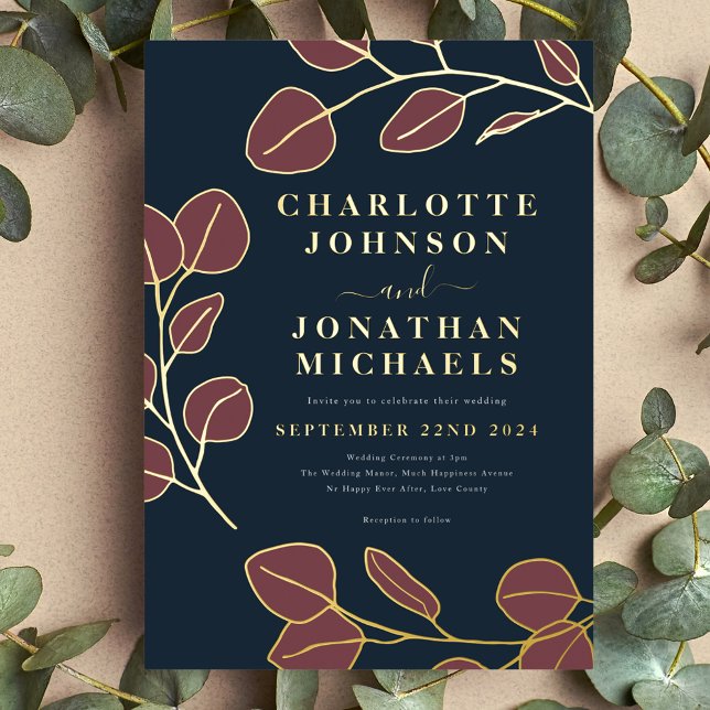 Invitation En Aluminium Or Feuille simple élégant (Minimalist leaf modern stylish navy blue burgundy and gold foil wedding invitation )