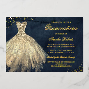 Invitation En Aluminium OR FOIL Marine Gold Sparkle Robe Quinceanera