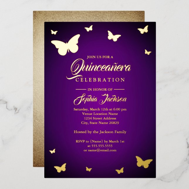 Invitation En Aluminium OR FOIL Papillon pourpre Quinceanera (Recto/Verso)