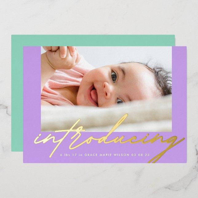 Invitation En Aluminium Or moderne Introduction photo écrite bébé (Recto/Verso)