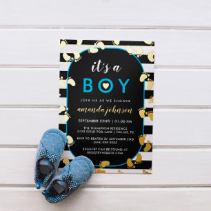 Invitation En Aluminium Or Noir Bleu C'est Un Garçon Empreintes De Bébé