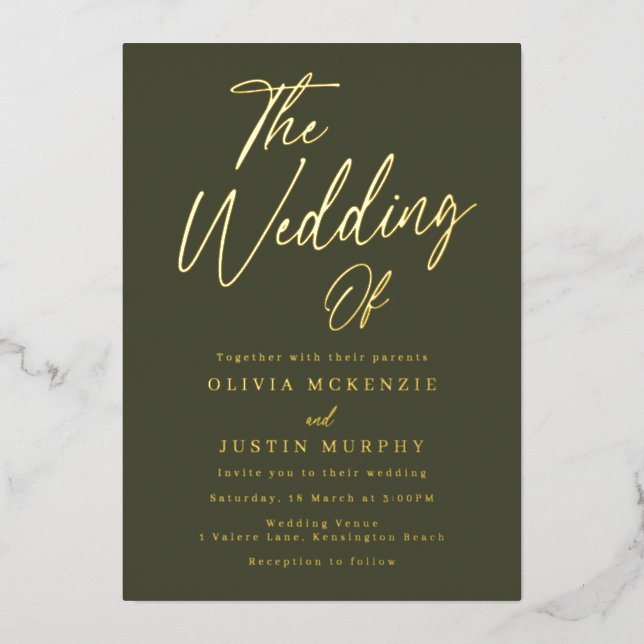 Invitation En Aluminium Or & Olive Moderne Mariage Or (Recto)