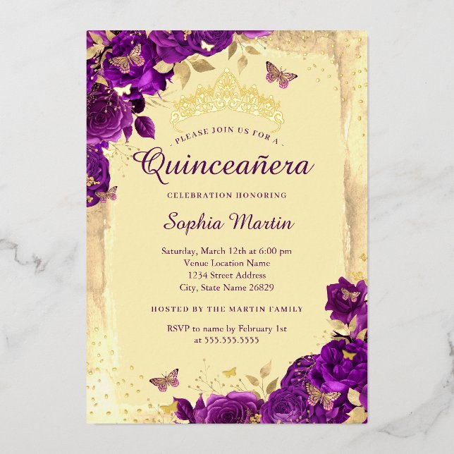 Invitation En Aluminium Or Purple Élégant papillon floral Quinceanera (Recto)