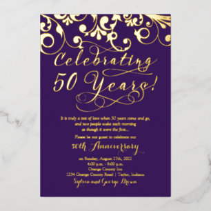 Invitation En Aluminium Or Réel Violet 50e Anniversaire de Mariage