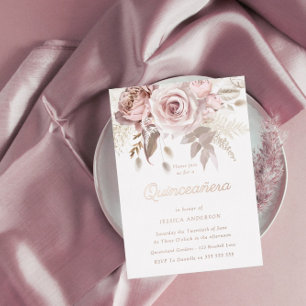 Invitation En Aluminium Or rose, Rose Dusty et Fleurs Blush Quinceañera