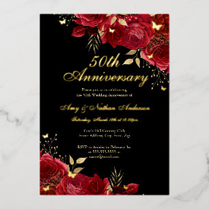 Invitation En Aluminium Or Rouge Floral 50e Anniversaire de Mariage
