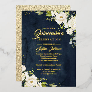 Invitation En Aluminium OR VÉRITABLE FEUILLE Fleur Quinceanera Or Navy  