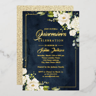 Invitation En Aluminium OR VRAI FEUILLE D'OR Floral Navy Quinceanera