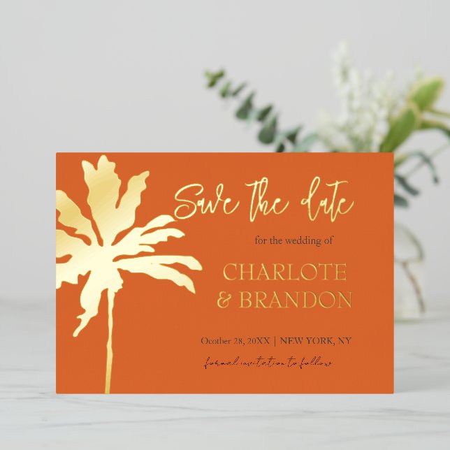 Invitation En Aluminium Orange Gold Palm Tree Beach Mariage Enregistrer La (Debout devant)